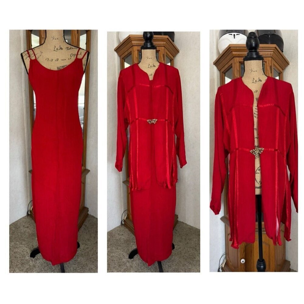 Vintage Midi Dress Jacket Set Red Asian Inspired Mandarin Romantic LARGE READ